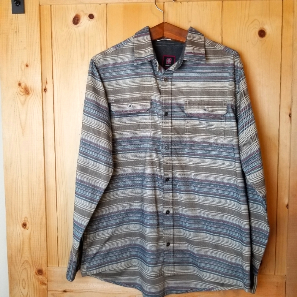 Swiss Tech Striped Button Down Outdoor Long Sleeve Shirt